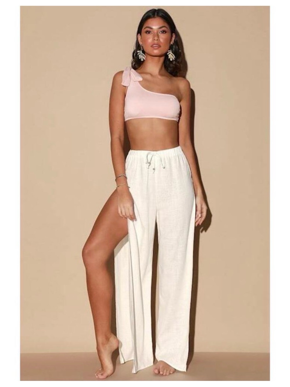 Lulu's Ivory Wide-Leg Linen-Feel Drawstring Pants